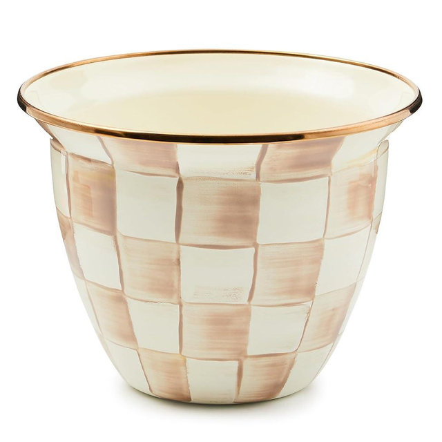 MACKENZIE-CHILDS Flowerpot, Decorative Garden Pot for Growing Plants, Brown-and-White Mocha Check