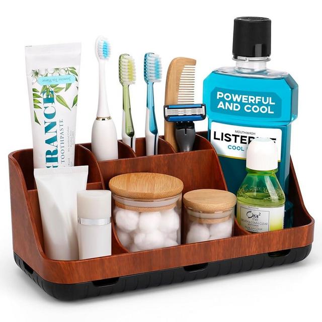 GFWARE Bathroom Decor and Accessories - Detachable 7 Slots Kids Electric Toothbrush and Toothpaste Holde for Bathroom Tray Countertop Vanity Storage, Bathroom Sink Storage Organizer, Red Wood