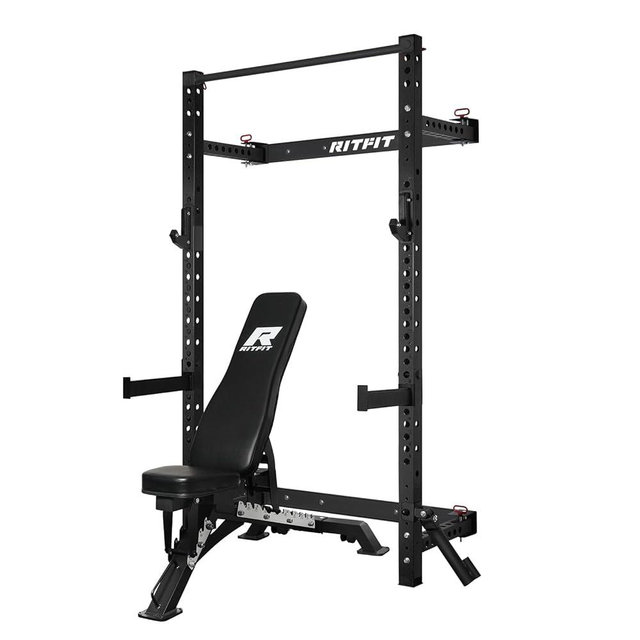 RitFit Multi-Functional Folding Squat Rack for Home Gym, 2.36'' x 2.36'' Wall Mounted Squat Rack with Attachments - Space Saving Squat Power Rack