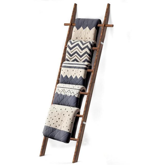 chilinii Farmhouse 6 Ft (70 inch) Wooden Blanket Ladder with Removable Hooks, 6-Tier Rustic Blanket Rack Decorative Stand, Leaning Towel Quilt Rack Holder for Bathroom Living Room Decor Brown