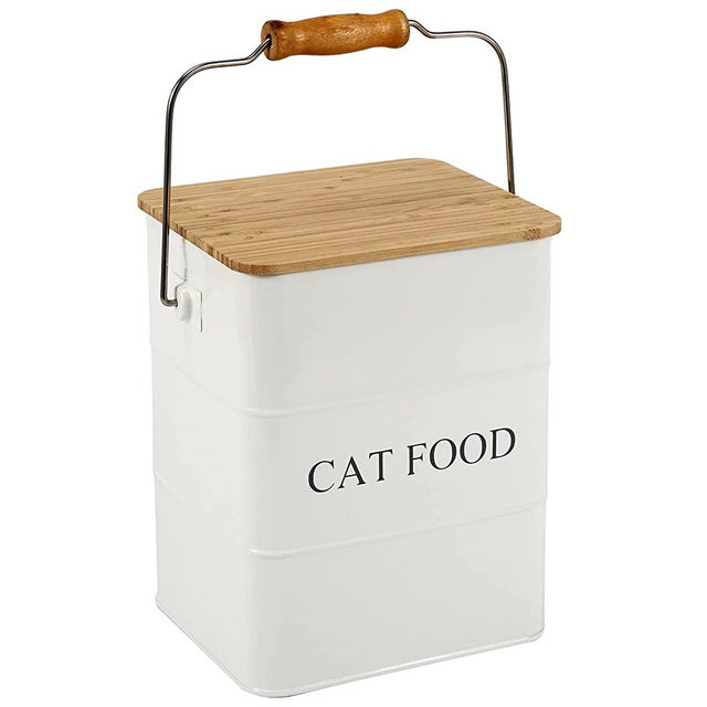 Brabtod Pet Food Storage Container Dog Treat Jar, Metal Food streats tin for Dog Cat, pet Snacks Canisters with Wooden lid and Handle sevice Scoop,Hold 5-6 lbs