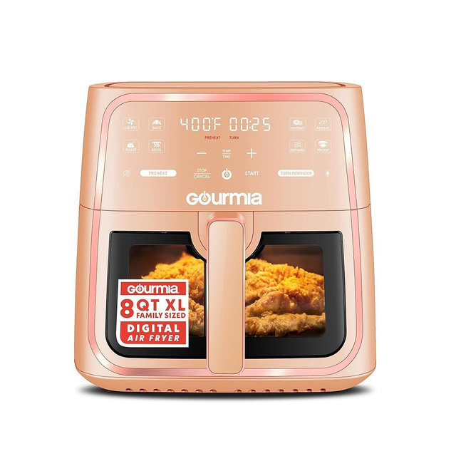 Gourmia 8 Qt Air Fryer, 8 Presets with Digital Display, FryForce 360° Technology, Easy View Window & Interior Light, Dishwasher Safe Basket, Peach