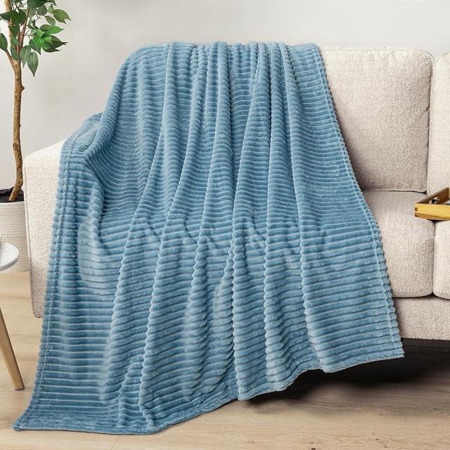 PAVILIA Super Soft Fleece Throw Blanket Dusty Slate Blue, Luxury Fuzzy Plush Flannel Throw, Warm Cozy Ribbed Microfiber Blanket for Sofa Couch Bed, Lightweight Striped Blanket, Blue, 50x60