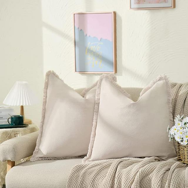 ZWJD Pillow Covers 20x20 Set of 2 Beige Throw Pillow Covers with Fringe Chic Cotton Decorative Pillows Square Cushion Covers for Sofa Couch Bed Living Room Farmhouse Boho Decor