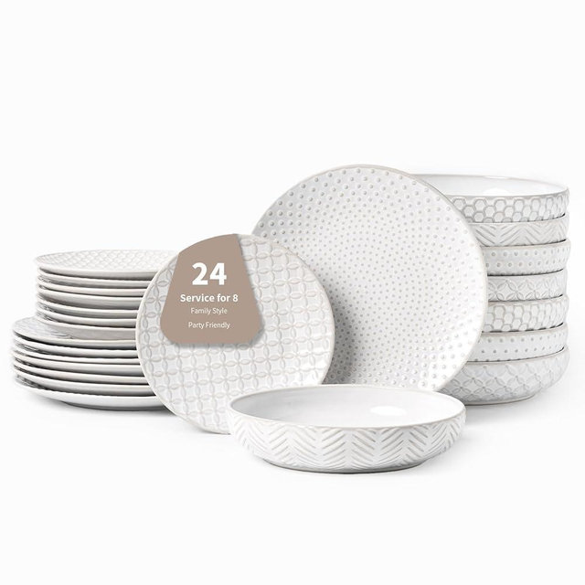 FOBENTA 24-Piece Embossed Ceramic Dinnerware Set–8 Dinner Plates, 8 Salad Plates, 8 Pasta Bowls,Elegant & Durable Tableware for Large Families, Dishwasher & Microwave Safe