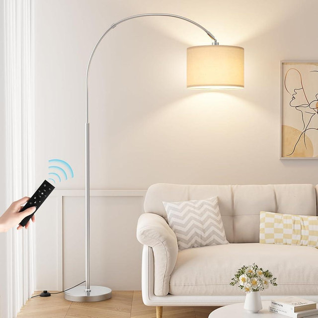 Ambimall 70" Dimmable Arc Floor Lamp with Remote, Color Temperatures and Brightness Adjustable, Arched Floor Lamp with Rotating Head, Over Couch Arched Reading Light for Living Room (White and Silver)