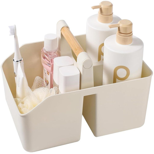rejomiik Portable Shower Caddy Basket with Bamboo Handle, Plastic Cleaning Caddy Bathroom Organizer Tote for College Dorm Essentials, Bath Toy Storage, Cream