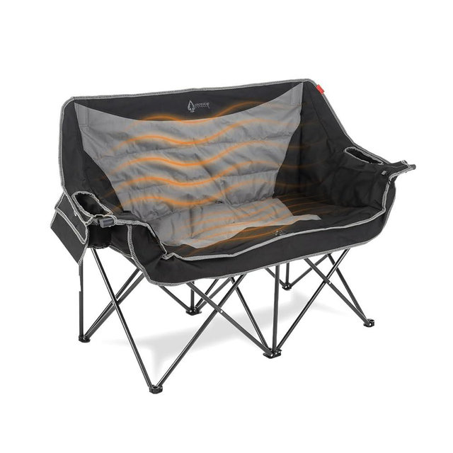 ARROWHEAD OUTDOOR 57" Wide Duo Foldable Heated Camping Loveseat Chair with 3-Stage Heating, Large Cup Holders, Glass Holders, Side Pockets, and Storage Pouches