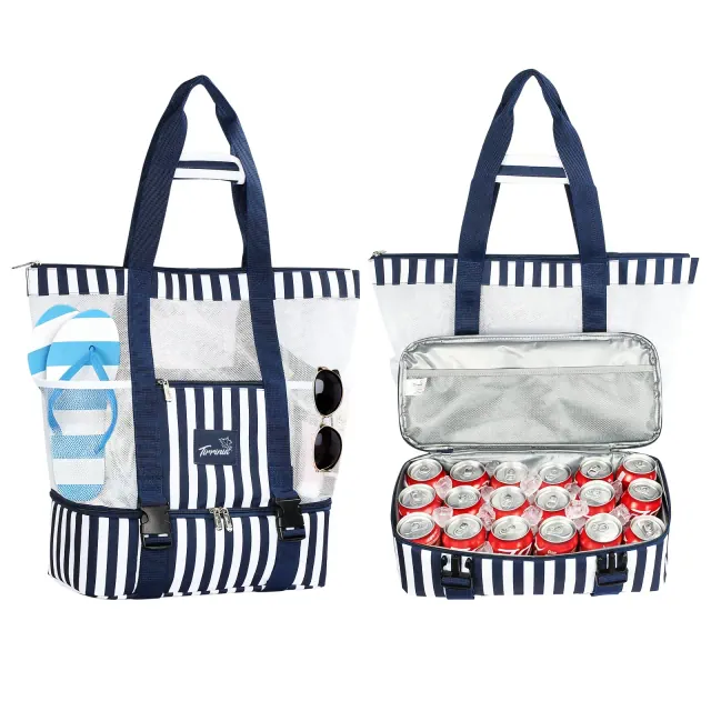 Tirrinia New Large Beach Tote with Cooler, Womens Mesh Bag, Navy Stripe