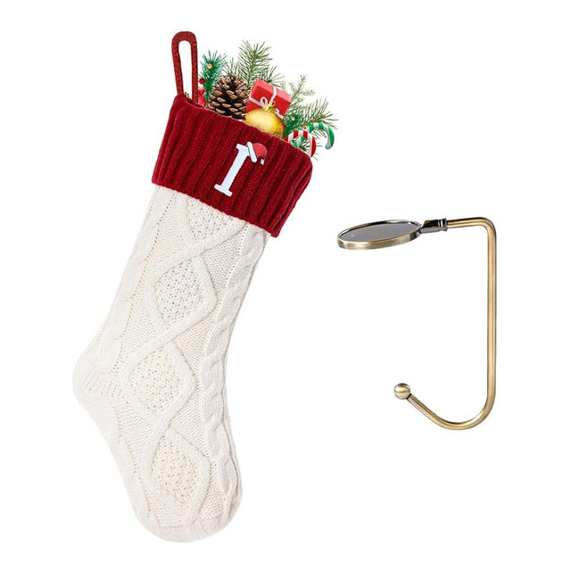 VRFASHION Christmas Stockings with Initials, Letter I Embroidered Xmas Stockings, 18" Large Monogram Knitted Xmas Stocking, Christmas Party Fireplace Family Hanging Stocking Decorations 1Pcs White-Red