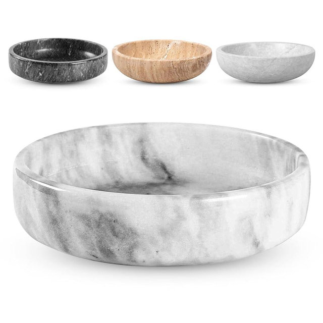 FNTSTICGOODS Marble Decorative Bowl - 7.5" White/Grey Solid Marble Centerpiece - Handmade Stone Fruit Bowl - Catch-All or Key Bowl for Kitchen - Modern Minimalist Decor
