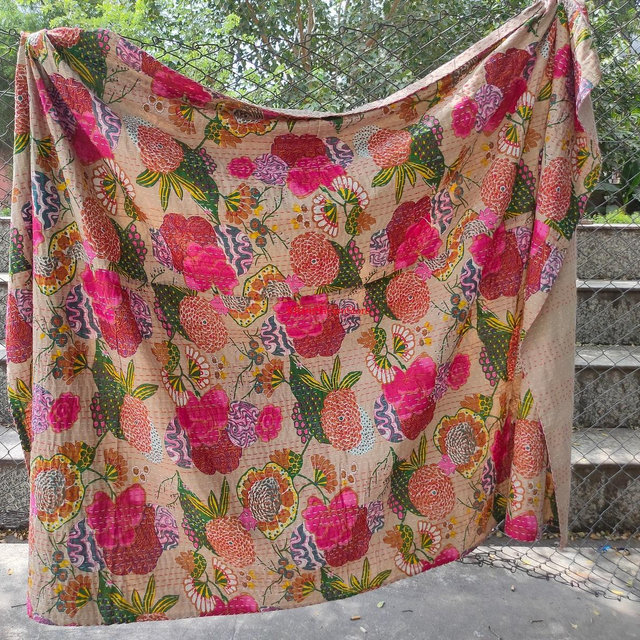 Indian Kantha Throw, Indian Cotton Kantha Quilts, Kantha Bedspread , 100% cotton, Handblock Kantha Quilt, Gudari Cotton