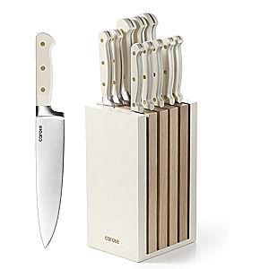 CAROTE 11 Pieces Knife Set with Block for kitchen, Stainless Steel Razor-Sharp Blade, Triple Riveted Ergonomic Handle, Wooden Magnetic Block, Essential Knife Block Set, Beige
