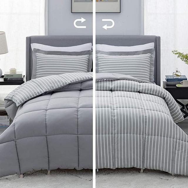 Bedsure Grey Queen/Full Comforter Set - 3 Piece Reversible Percale Stripes Hypoallergenic Down Alternative Box Stitching Duvet Insert with 8 Corner Tabs - All Season Bed Set with 2 Pillow Shams