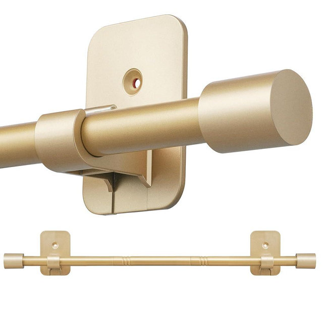 Curtain Rods No Drilling for Windows 28 to 48 Inch, 5/8" Adjustable Gold Curtain Rod, Renter-friendly with Adhesive Brackets for Drill-free Installation.
