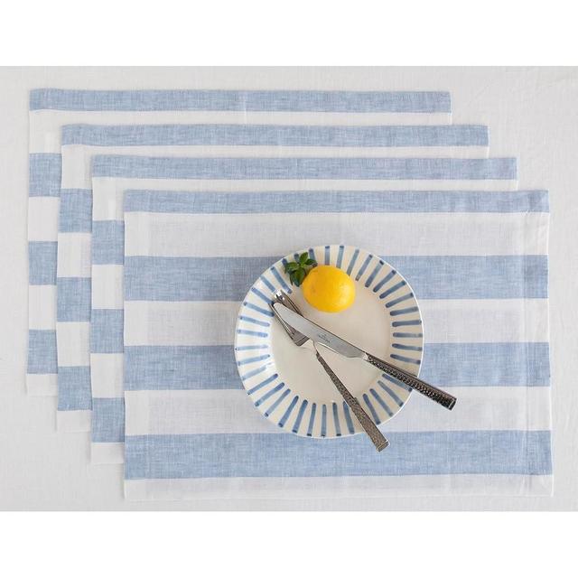 Solino Home Cabana Stripe Linen Placemats 19" L x 14" W Inch – 100% Pure Linen Sky Blue and White Placemats Set of 4 – Machine Washable Cloth Fabric Tablemats for Spring, Easter