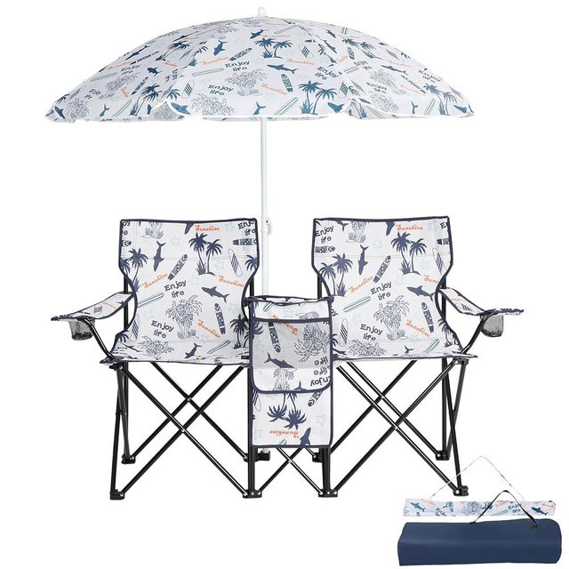 Outvita Folding Double Camping Chair w/Umbrella Beverage Holder Carrying Bag Cooler Fold Up Table, Large Bearing Capacity for Beach Patio Pool Park Outdoor Shark Pattern
