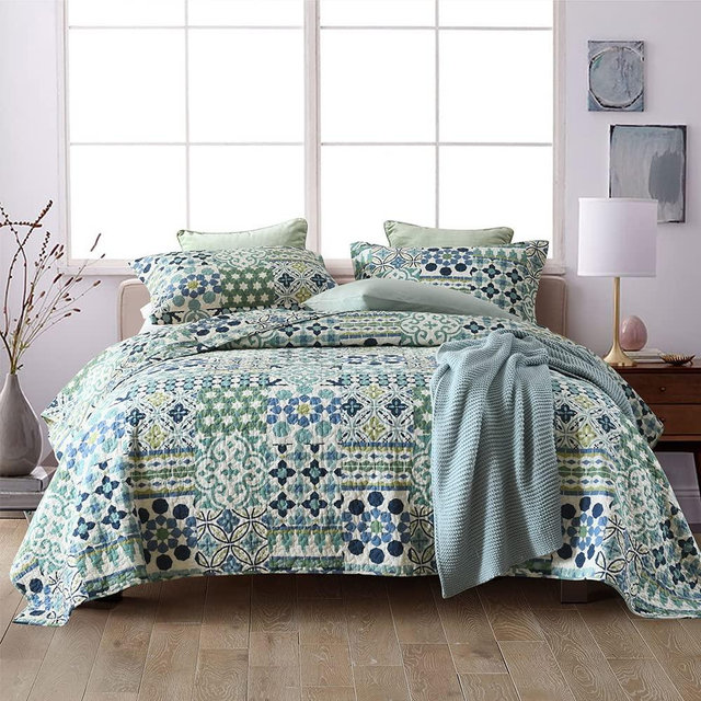 VISIMISI Cotton Bedspread Quilt Sets Reversible Coverlet Sets Comforters Vintage Bohemian Patchwork Bedspread (Green, King Size)