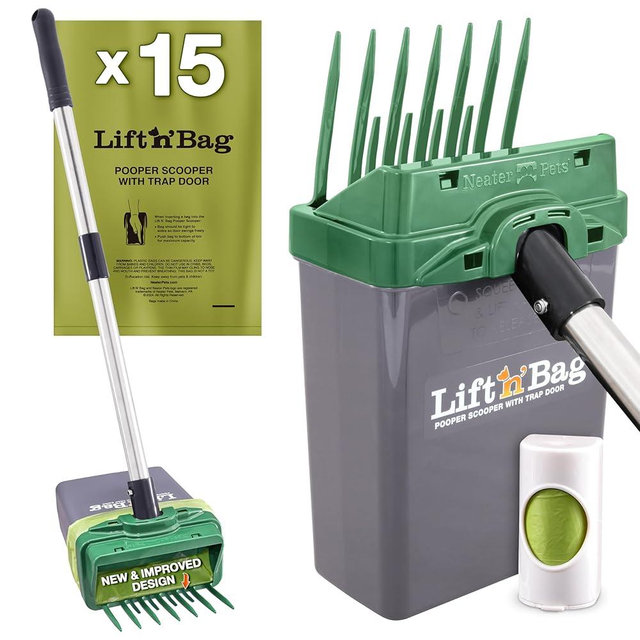 Neater Pet Brands Lift N’ Bag 2.0 Dog Pooper Scooper with Bag Attachment & 22" Pole for Small to Large Dogs, New & Improved Design, 15 Refill Bags, Heavy Duty Dog Poop Scooper for Yard, One-Hand Use