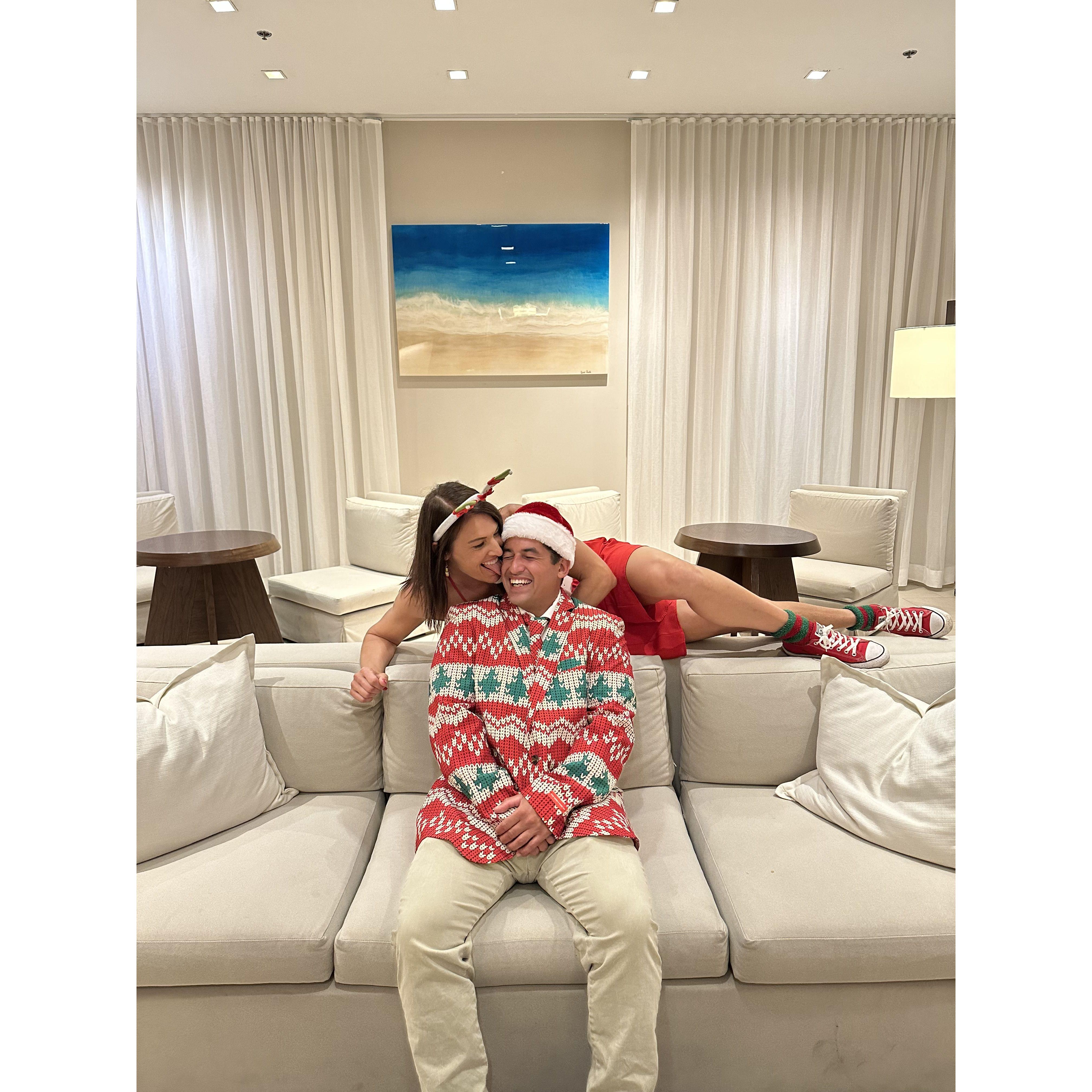 Our first Christmas together. Photo credit Andy Zyra.. everyone thought we had professional christmas photos done but we were just messing around in a hotel that had a christmas pop-up bar