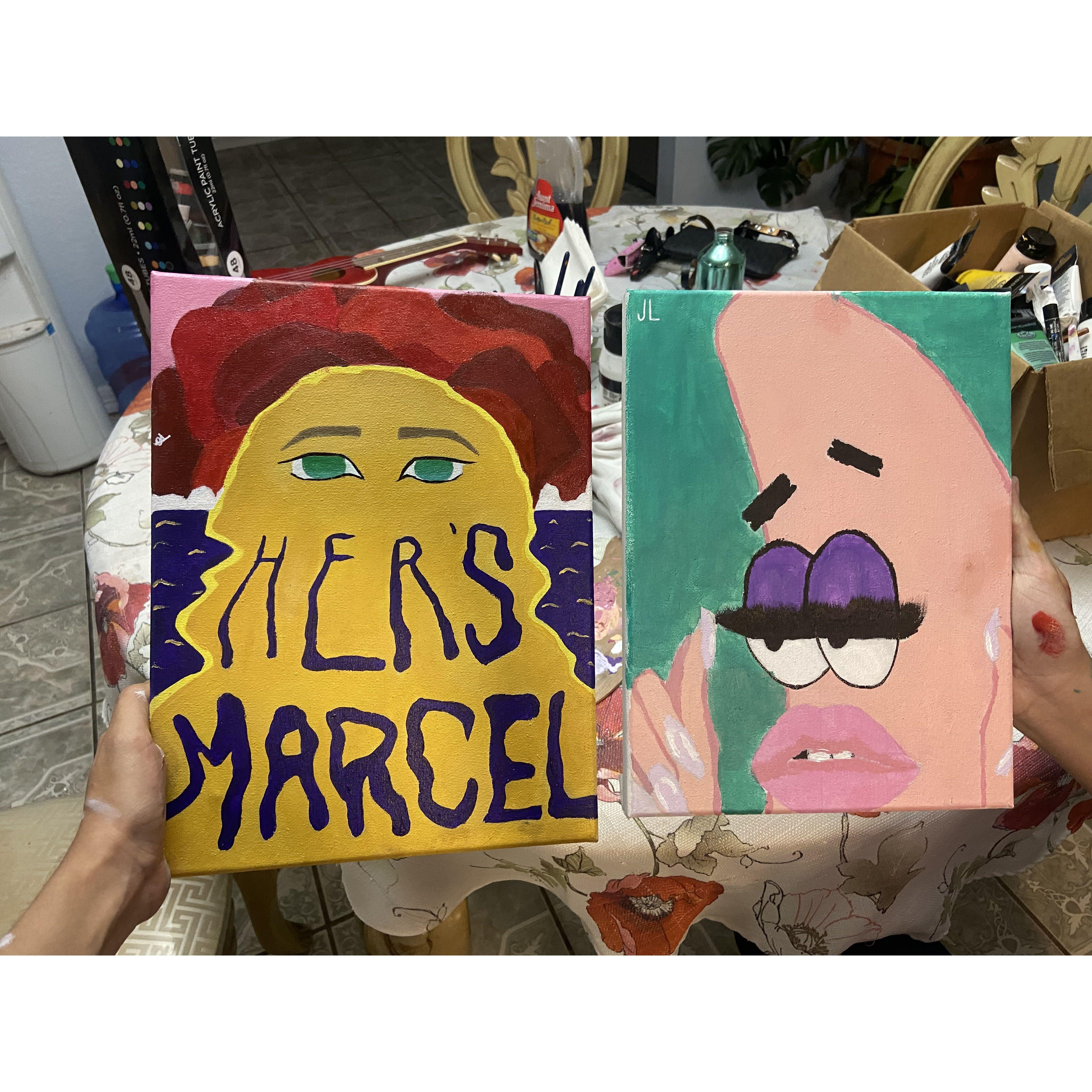the one on the left is my art work and the one on the right is his, and i was surprised how well he did I fell for him even more 0///0