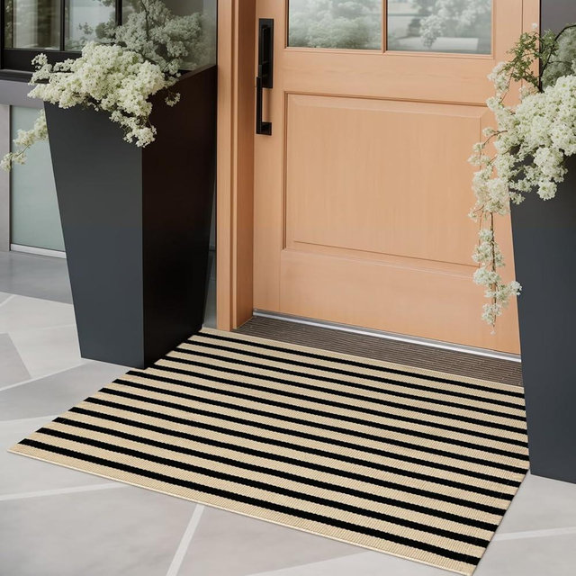 OJIA Front Door Mat Outside Entrance 24"x35" Front Door Rug Washable Porch Rugs Hand Woven Striped Outdoor Rugs Entryway Rugs Indoor Small Area Rug for Kitchen Entry Bathroom, Tan/Black
