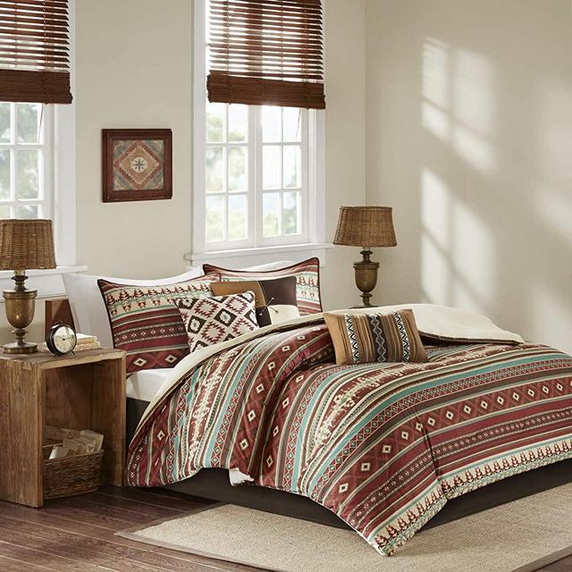Madison Park Cozy Comforter Set-Rustic Southwestern Style All Season Down Alternative Casual Bedding, Matching Shams, Decorative Pillows, Queen(90"x90"), Taos, Ikat Spice (MP10-3150)