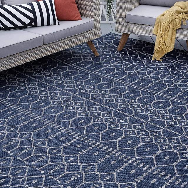 Navy Jute Large Water Resistant Indoor Outdoor Rug 8x10 for Entryway Patio Deck Garden Outside Porch Hallway Entry Way Area Clearance Waterproof Living Room Bedroom Carpet Alfombras para Exteriores