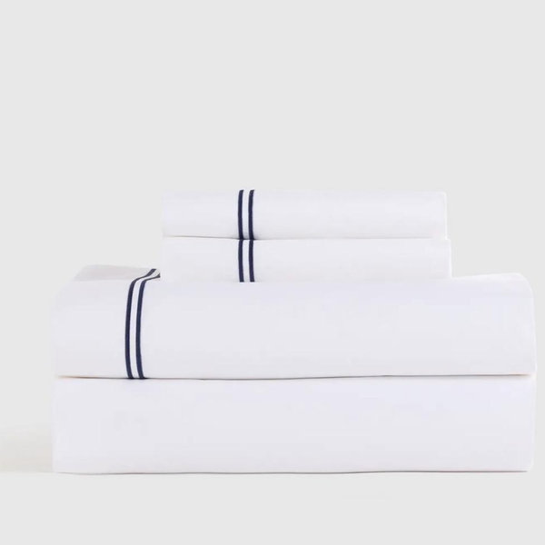 Classic Organic Percale Sheet Set - With Flat Sheet, Navy Embellished