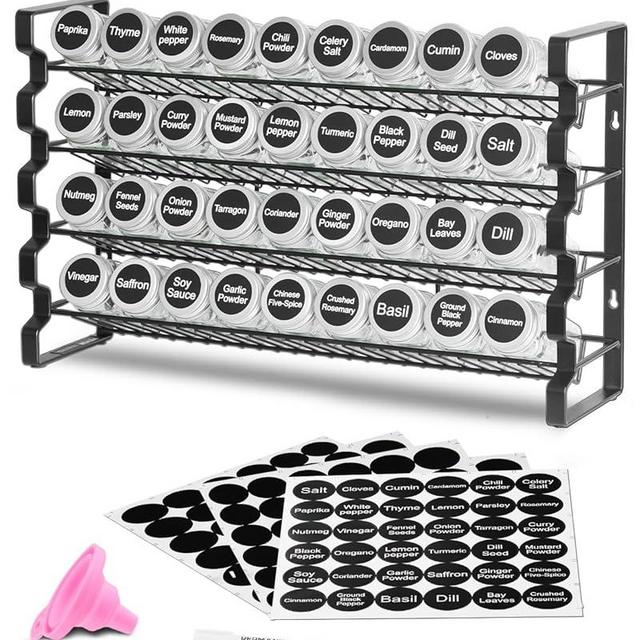 VEVOR Spice Rack Organizer for Cabinet, Spice Organizer with 36 Empty Spice Jars, Lids, Spice Labels, and Funnel Complete Set, Seasoning Organizer for Countertop, Kitchen, Pantry, Cupboard, 18x11 in