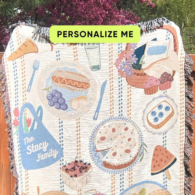 Personalized Woven Picnic Blanket, Beach Blanket Throw, Cottagecore, Food Art, Unique Custom Blanket, Family Gift, Christmas gift for family