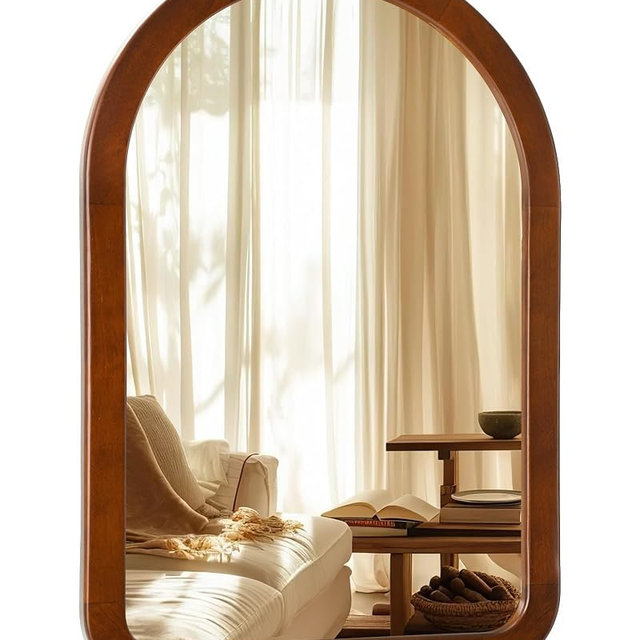 Arched Mirror 22 x 30 Inch,Walnut Brown Wood Rustic Bathroom Tempered Wall Mirror with Wood Frame,Round Corner Arch Farmhouse Wooden Vanity Mirror for Living Room,Entryway or Bedroom