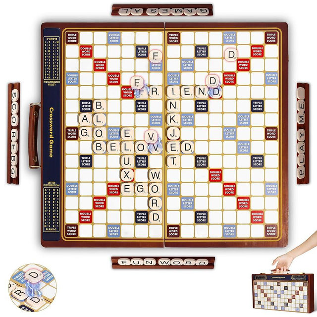 Crossword Game with Magnetic Letter Tiles, Foldable Board into Portable Carry Case, Luxury Edition Word Building Game with Rotating Wooden Board, Educational Family Board Game for 2-4 Players