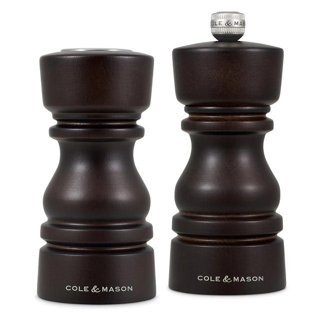 Cole & Mason London Wooden Shaker Gift Set - Refillable Salt & Pepper Grinder with Adjustable Grinding Mechanism - Chocolate Wood, 5" Salt & Pepper Gift Set
