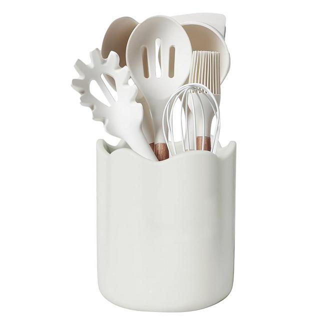 Haliwurry Large Utensil Holder for Kitchen Counter, Ceramic Kitchen Utensil Crock with Protection Cork Mat, Modern Cooking Tools Organizer for Countertop, White