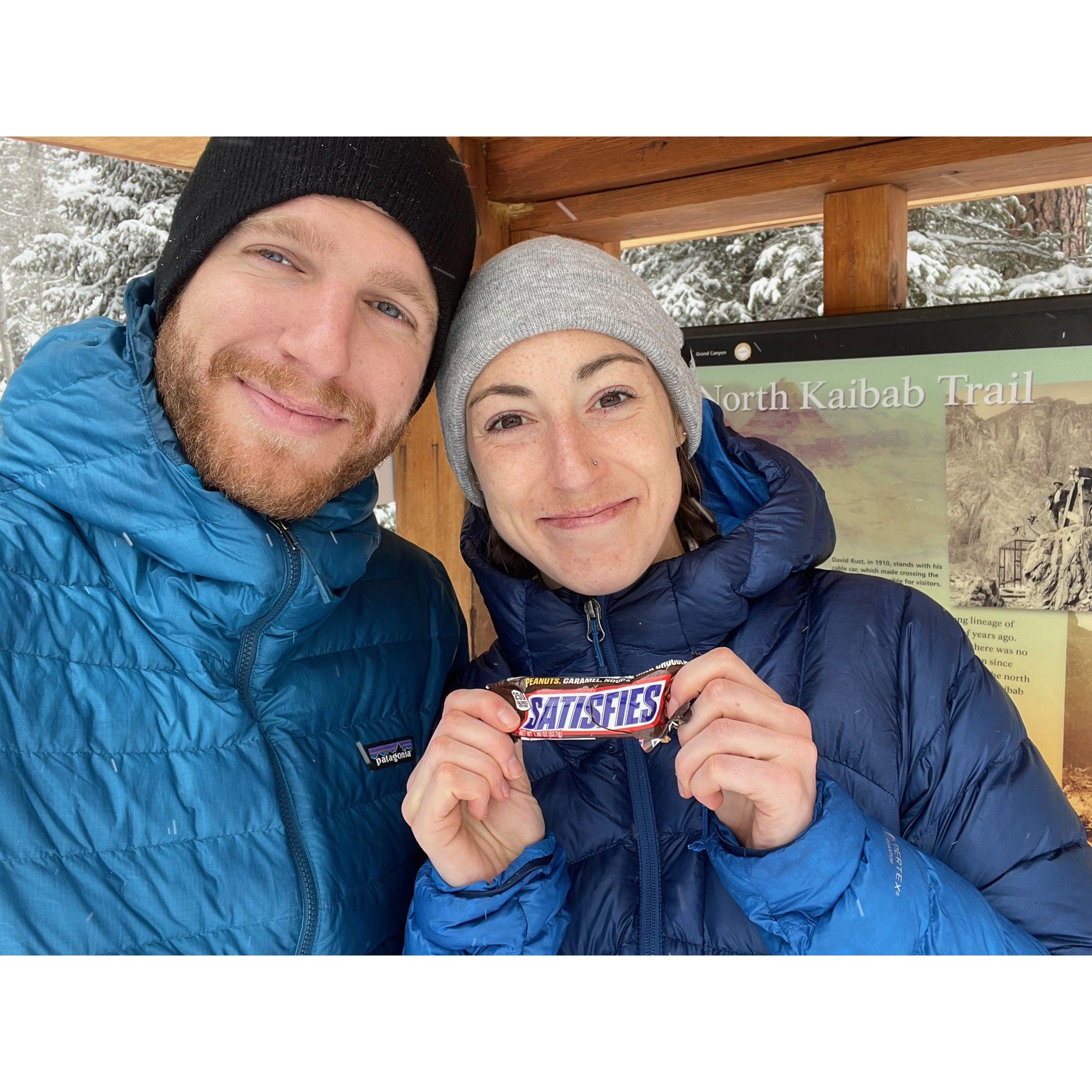 Enjoying a snickers after completing the Grand Canyon Rim to Rim Hike
