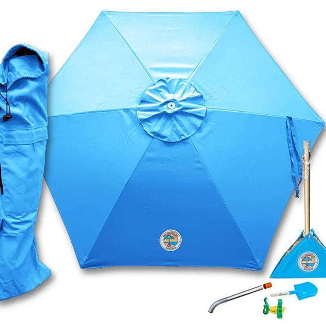 beachBUB ™ All-In-One Beach Umbrella System. Includes 7 ½' (50+ UPF) Umbrella, Oversize Bag, beachBUB ™ Base & Accessory Kit (Caribbean Blue)
