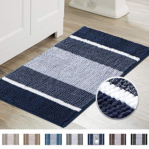 Super Cozy Shag Chenille Bath Rug, Gradient Navy Stripe Pattern Machine Washable Microfiber Plush Bathmat, Ultra Absorbent Mat with Non Slip Backing for Bathroom Landry, (20×32 inch, Navy)