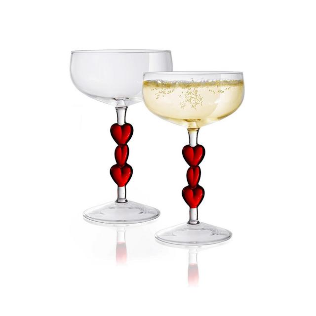 Qualia Glass Red Heart Stemmed Coupe Glasses, Set of 2