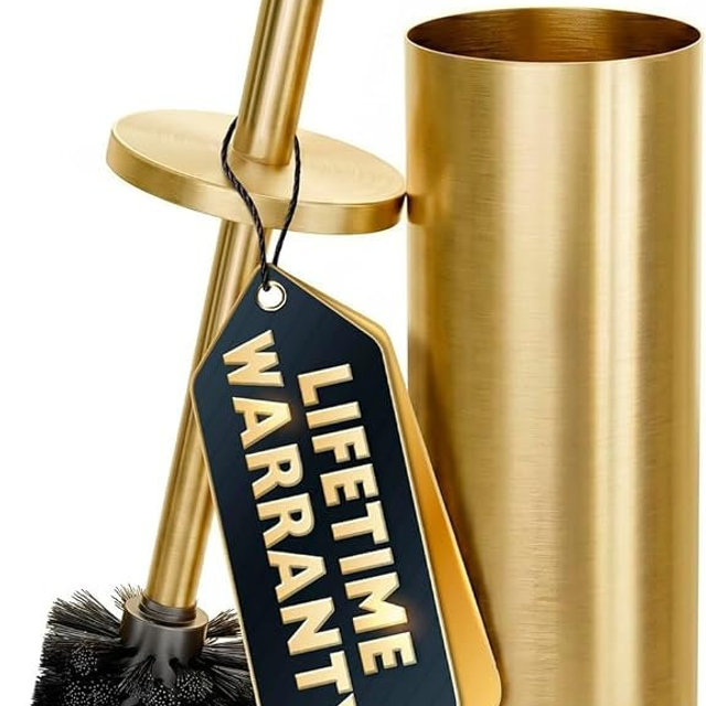 Gold Toilet Brush and Holder Set - Brushed Stainless Steel Gold Toilet Bowl Brush and Holder with Replaceable Head, Removable Inner Bowl, and Splash Protection - Dense Bristles for Thorough Cleaning