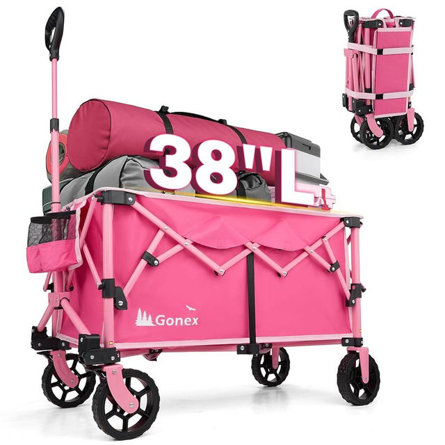 Gonex 38''L Extra Long Collapsible Foldable Wagon Cart with 360lbs Weight Capacity, 220L Folding Utility Garden Cart with Detachable Wheels for Grocery Sports Shopping Camping - Pink