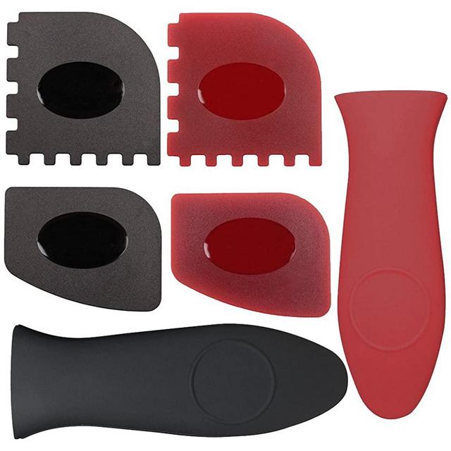 Haicheng 6 Piece Durable Grill Pan Scraper Plastic Set Tool and Silicone Hot Handle Holder for Cast Iron Skillets, Frying Pans and Griddles