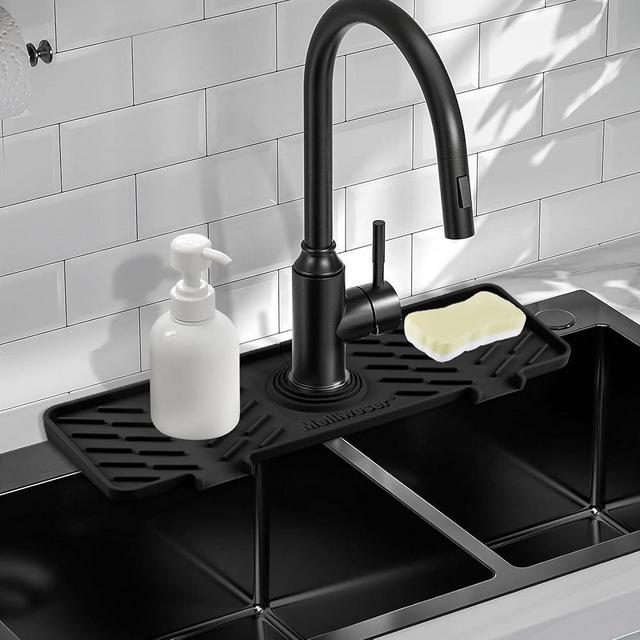 Meiliweser Silicone Faucet Splash Guard Gen 2-10° Large Slope & Adaptable Hole Faucet Handle Drip Catcher Tray - 14” x 5.5” - Sink Sponge Holder for Kitchen, Bathroom(Black)