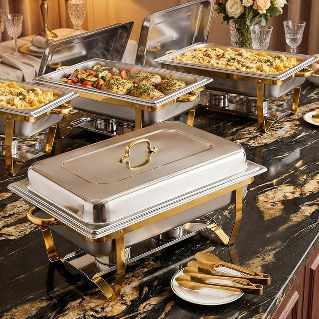 FURFAST Gold Chafing Dishes for Buffet, 4 Pack 9QT, Large Full Size Chafing Dishes Buffet Set, Rectangular Chafing Pans with 4 Gold Tongs, Stainless Steel Food Warmer for Parties Catering Christmas