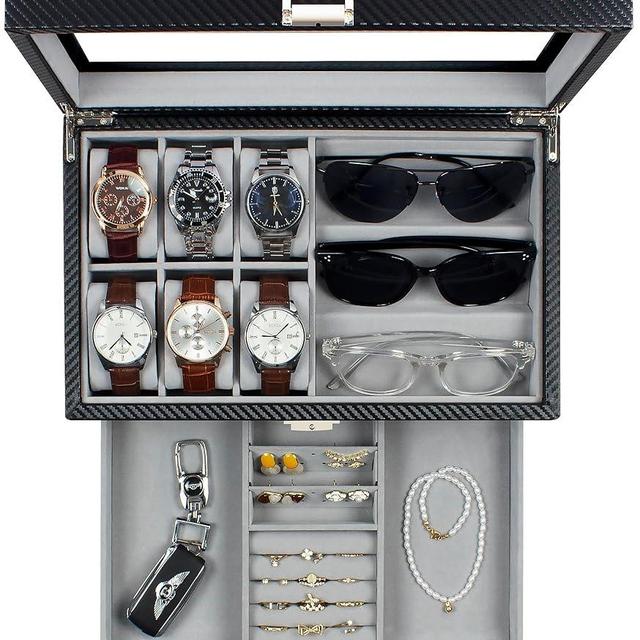 GUKA Watch box, 6 Slot Watch Case, 3 Slot Sunglass Organizer, Watch Cases for men with Real Glass Lid, Watch Organizer storage with Jewelry Case, Birthday for Men and Women,