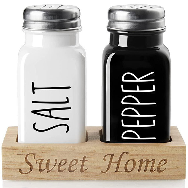 Farmhouse Salt and Pepper Shakers set - Dopeca Glass Salt Shaker with Wood Tray for Kitchen Counter or Table - Farmhouse Rustic Kitchen Decor and Gifts - Easy Refilling-2.7 oz