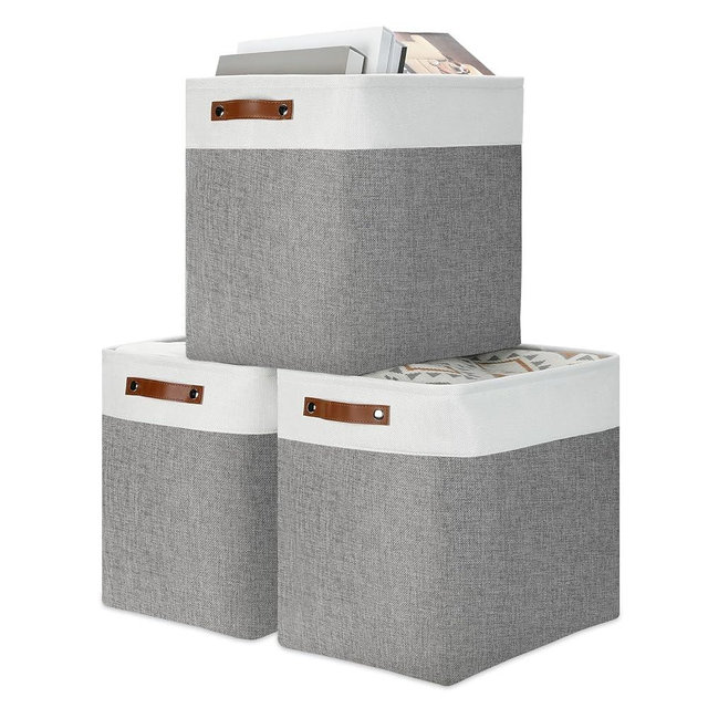 DULLEMELO Storage Baskets 17 inch Large Basket for Blanket Living Room, Foldable Storage Bins Baskets for Organizing [3 Pack] Blanket Storage Baskets Organizer for Home,Office,Closet(White&Grey)