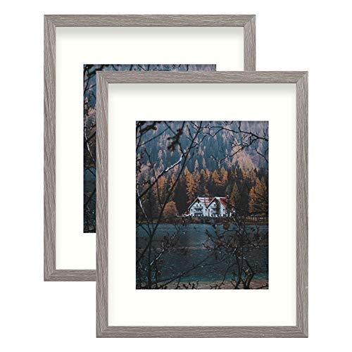 Frametory, Frame with Ivory Mat for Photo - Smooth Wood Grain Finish - Sawtooth Hangers, Real Glass - Landscape/Portrait, Wall Display (Grey, 11x14 Frame for 8x10 Photo, 2-Pack)