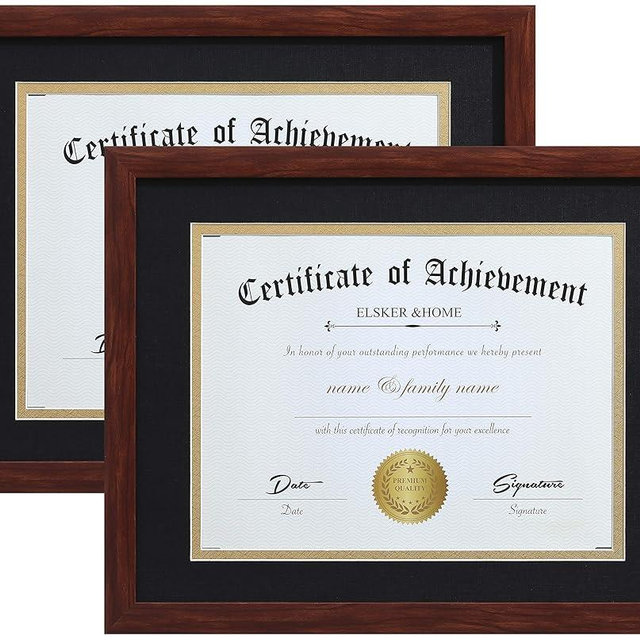 ELSKER&HOME 8.5x11 Certificate Frame - Classic Coffee Color Frame - Displays Diploma 8.5x11 Inch with Mat - 11x14 Inch Without Mat - For Document/Photo (2 Pack, Matte Black with Gold Rim)