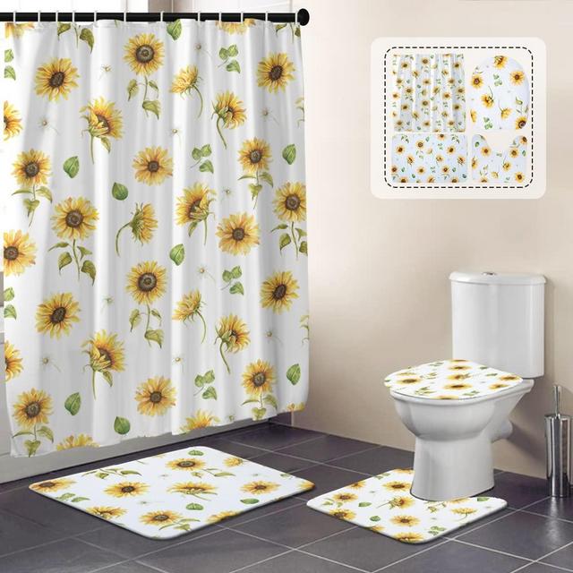 Colorful Star Sunflower Shower Curtain Sets with Rugs 4PCS Yellow Flower Bathroom Set Decor Fall Non-Slip Bathroom Rug U-Shaped Toilet Lid Cover Bath Mat Waterproof Bathroom Curtain with Hooks 72"x72"